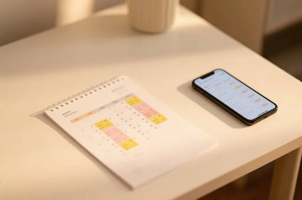 A clean desk with a paper calendar and a smartphone showing a generic match schedule layout with warm morning light.